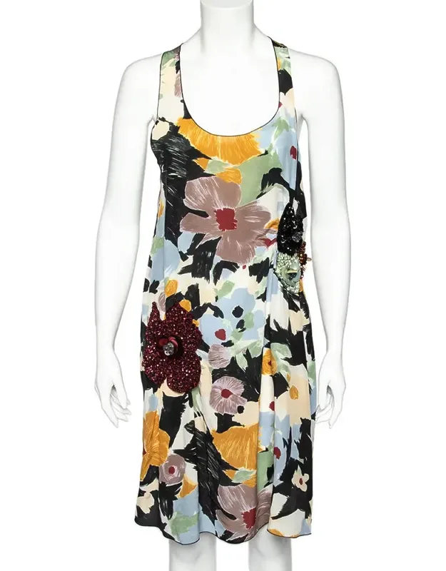 Multicolor Floral Printed Silk Sequin Embellished Shift Dress