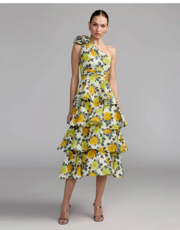 One Shoulder Floral Tiered Midi Dress
