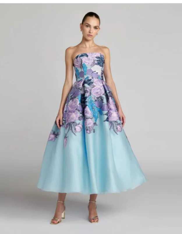 Floral Embroidered Strapless Organza Midi Dress