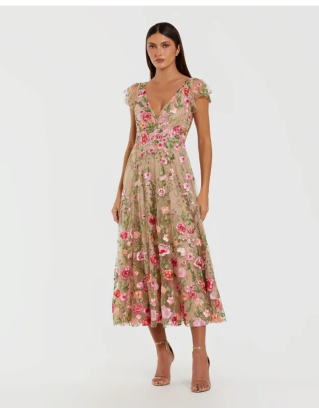 Floral Embroidered Flutter Sleeve Midi Dress