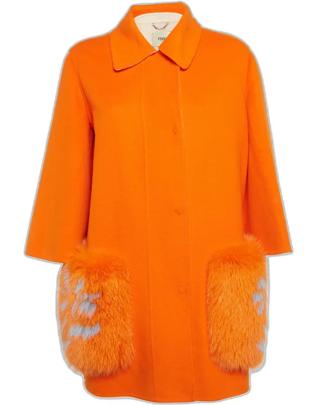 Orange Felt Fox Fur Detail Mid-length Coat