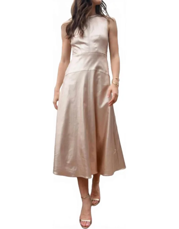 Claire Midi Dress In Metallic Denim With A-line Silhouette And Side Seam Pockets