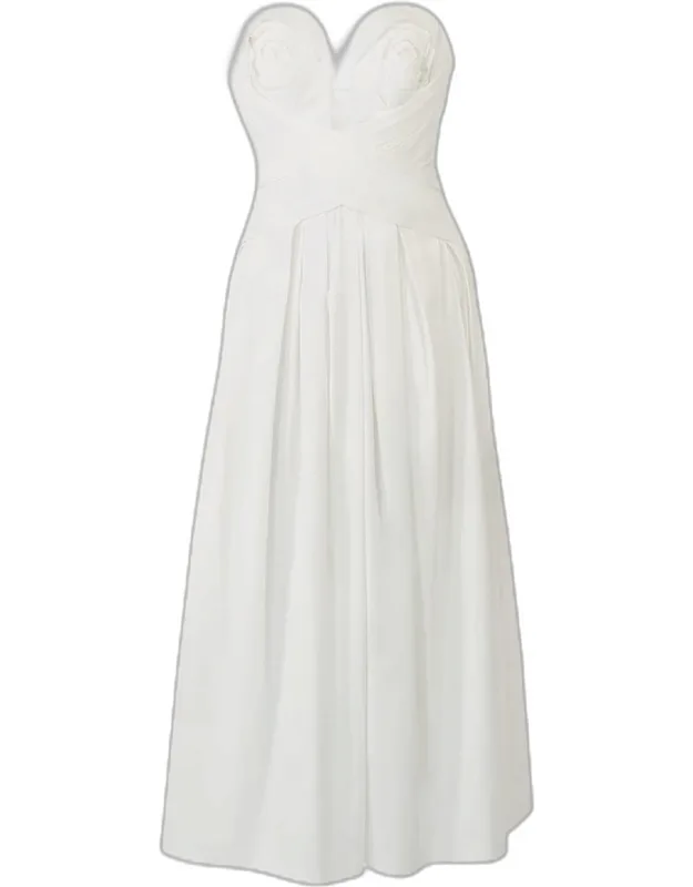 Plunging Strapless Rosette Draped Tea-length Dress