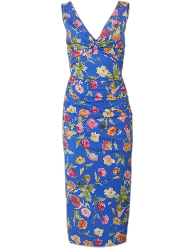 Floral-print Gathered Cotton Sleeveless Midi Dress