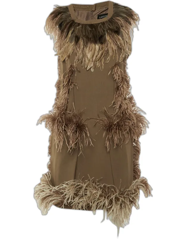 Wool & Feather Trim Sleeveless Mini Dress