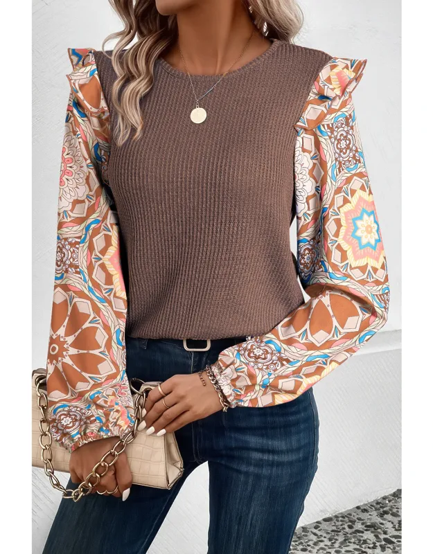 Ruffled Floral Sleeve Patchwork Waffle Knit Blouse