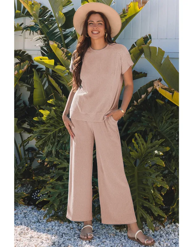 Solid Corded Knit T-shirt And Wide Leg Pants Set
