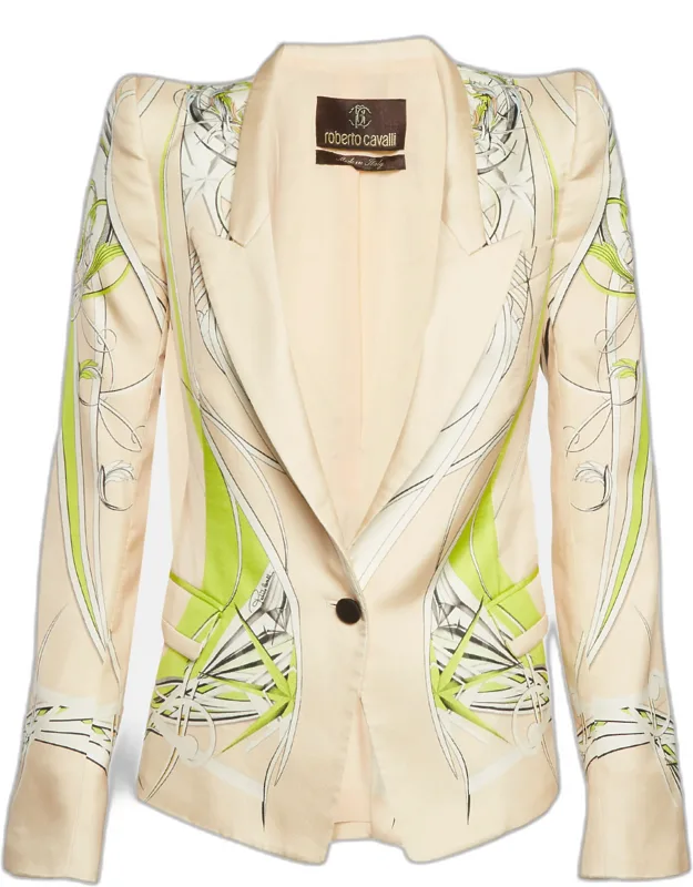 Light Orange Abstract Print Satin Blazer