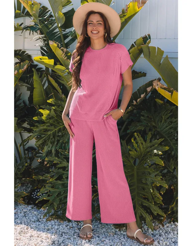 Solid Corded Knit Short Sleeve T-shirt And Wide Leg Pants Set