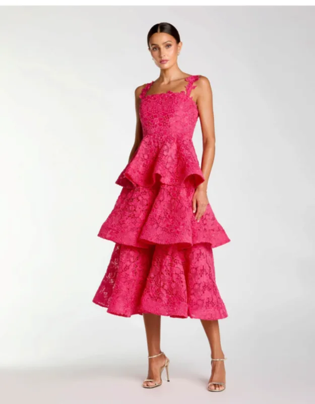 Sleeveless Embroidered Lace Ruffle Midi Dress