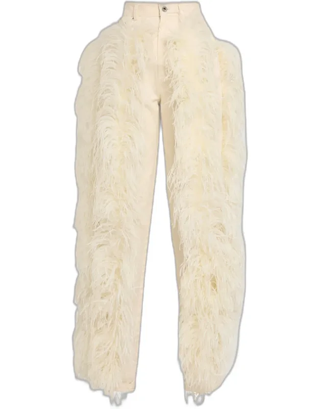 Feather-trim Cotton Twill Straight-leg Jeans