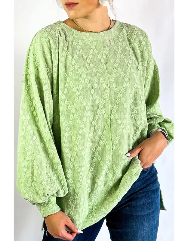 Light Solid Color Textured Side Split Crew Neck Blouse