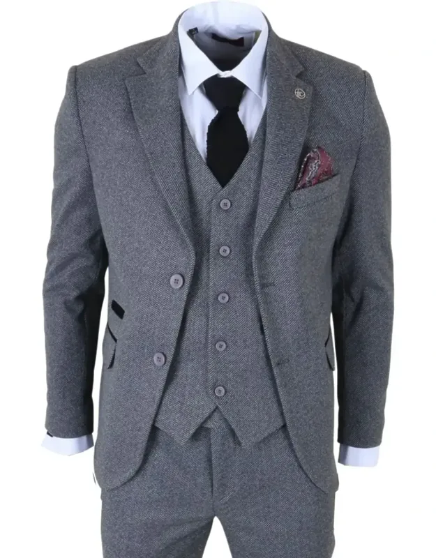 3 Piece Suit Wool Blend Tweed Herringbone Formal