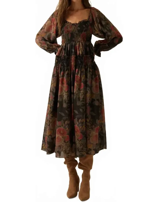 Floral-print Smocked Bubble Sleeve Maxi Dress