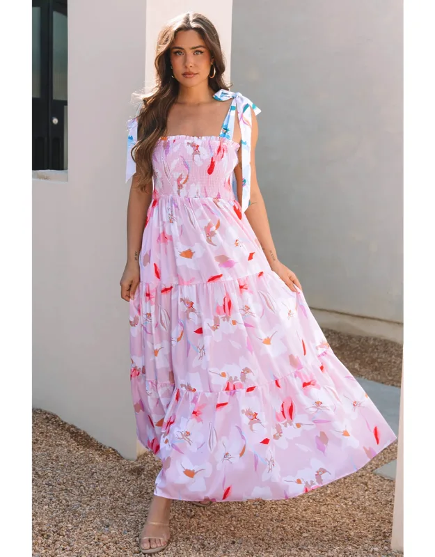 Floral Print Knotted Shoulder Smocked Maxi Dress