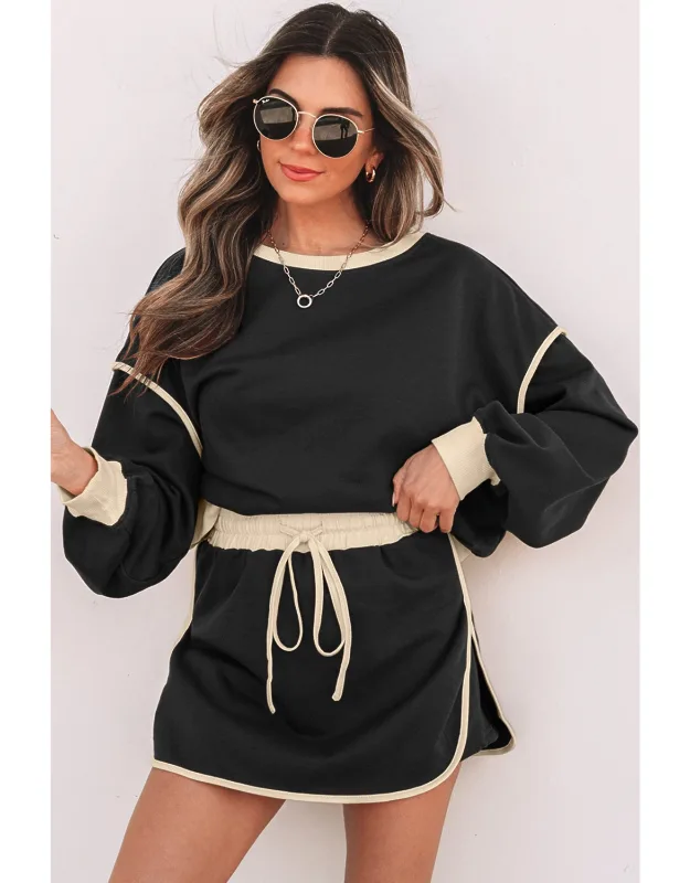Loose Pullover And Lace-up Waist Skort Set