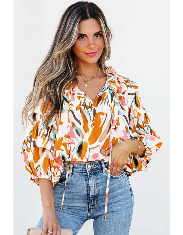 Abstract Print Drawstring Frilled V Neck 3/4 Sleeve Blouse