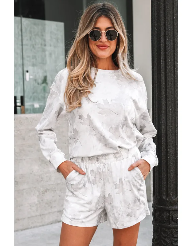 Maple Camo Print Pullover And Elastic Waist Casual Shorts Set