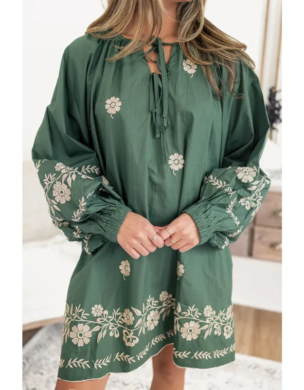 Tie Neck Boho Floral Pattern Puff Sleeve Shift Dress