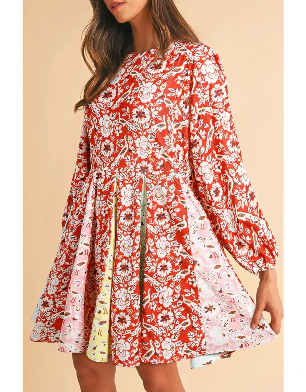 Floral Patchwork Long Sleeve Pleated Mini Dress