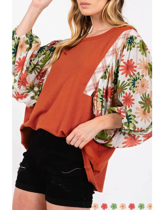 Desert Floral Puff Sleeve Patchwork Round Neck Blouse