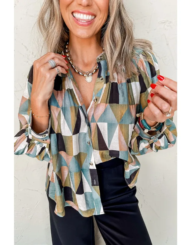 Geometric Print Buttoned Balloon Sleeve Shirt