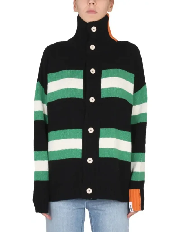 High Neck Button Closure Striped Cardigan