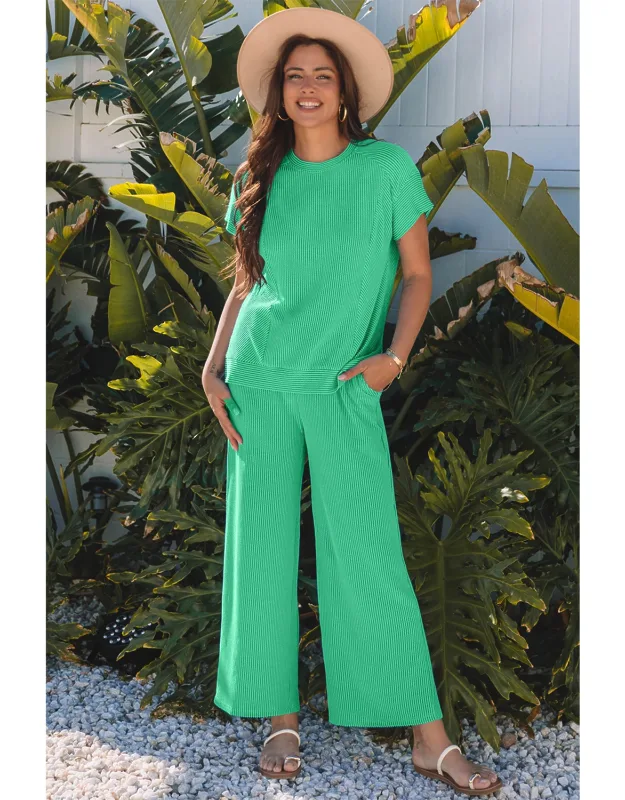 Solid Corded Knit T-shirt And Wide Leg Pants Set
