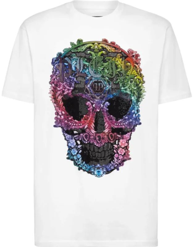 T-shirt Round Neck Ss With Baroque Skull Print And Bejeweled Details