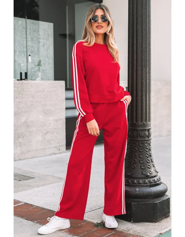 Varsity Striped Detail Crewneck Pullover And Elastic Sweatpants Set