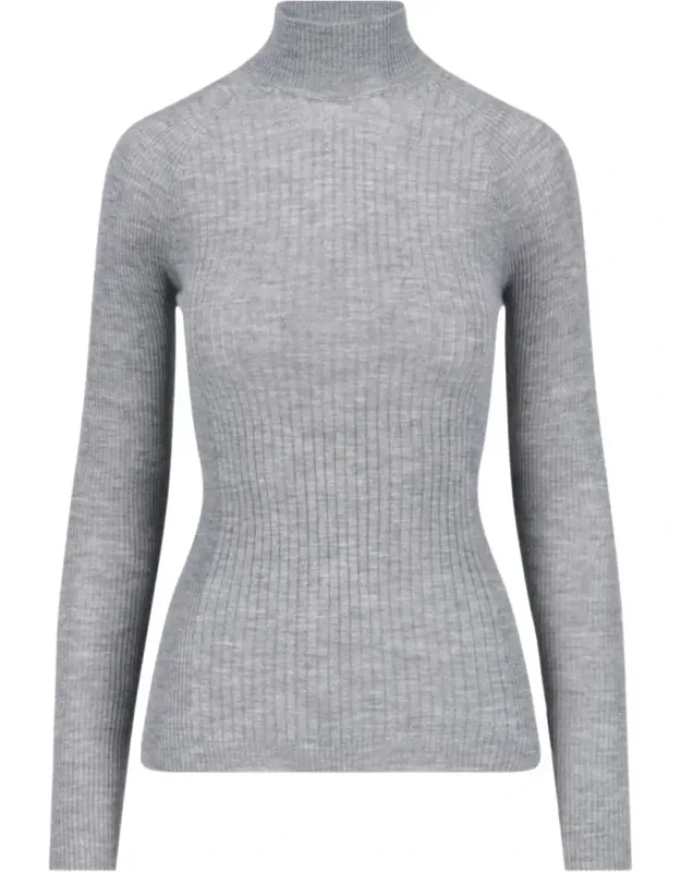 Ribbed Cashmere And Silk Knit Sweater With High Neckline