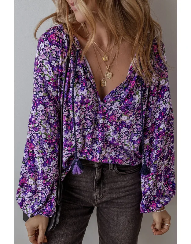 Boho Flower Split V Neck Bubble Sleeve Blouse