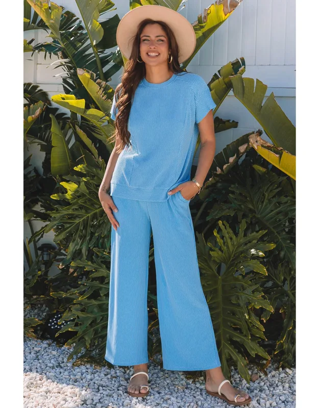 Solid Corded Knit Short Sleeve T-shirt And Wide Leg Pants Set
