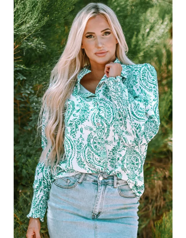 Paisley Print Smocked Cuff Buttoned Loose Shirt