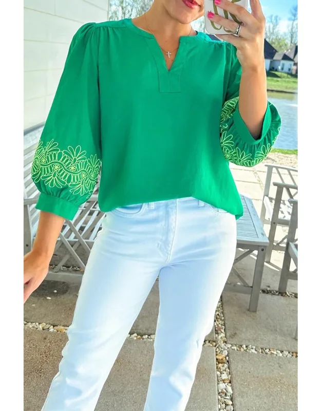 Contrast Floral Embroidered 3/4 Sleeve Notched V Neck Elegant Blouse