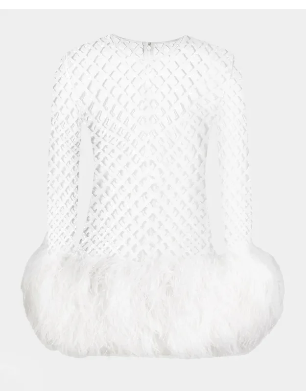 Feather-trim Sequined Fishnet Long-sleeve Mini Dress