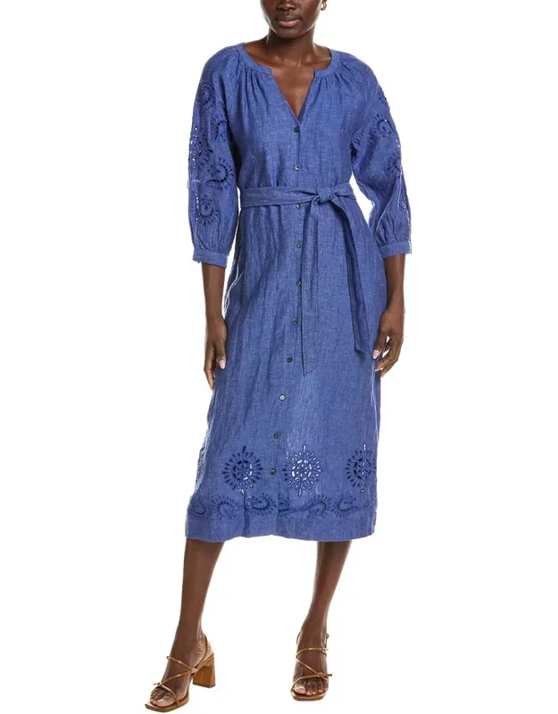 J. Mclaughlin Linen Dress With 3/4 Raglan Sleeves And Embroidery Detail