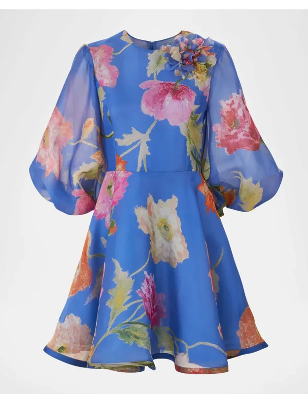 Floral Silk Puff-sleeve Mini Dress