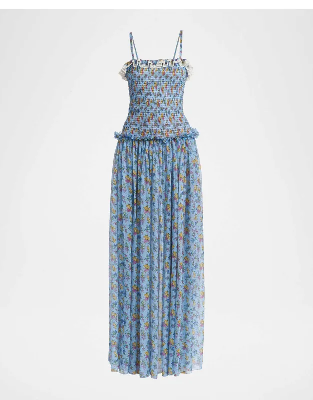 Floral Smocked Chiffon Sleeveless Maxi Dress