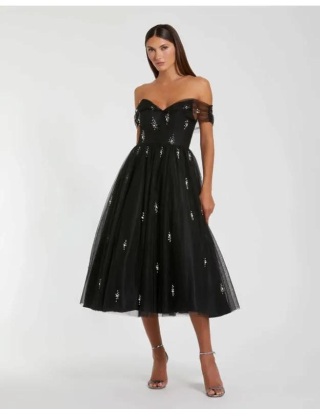 Petite Pearl Embellished Off The Shoulder A Line Dress