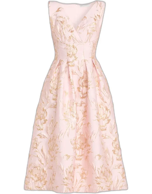 Pleated Floral Jacquard Midi Dress
