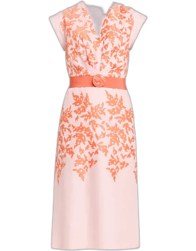 Embroidered Linen Midi Dress With Belt