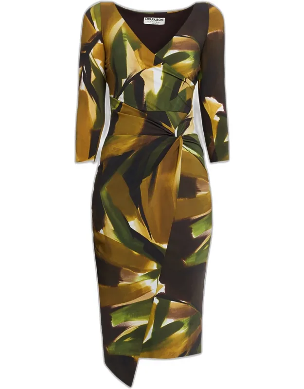 Gathered Abstract-print Midi Dress