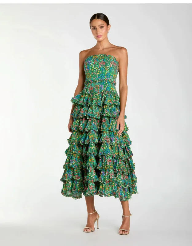 Strapless Floral Cotton Ruffle Midi Dress