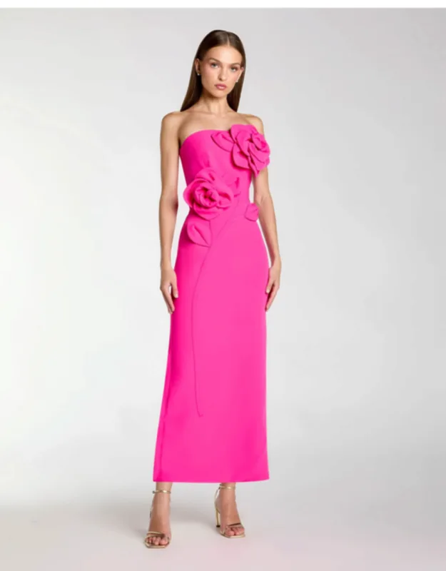 Strapless Crepe Dress With 3d Flower Detail