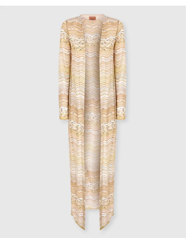 Metallic Chevron Knit Long Open Cardigan