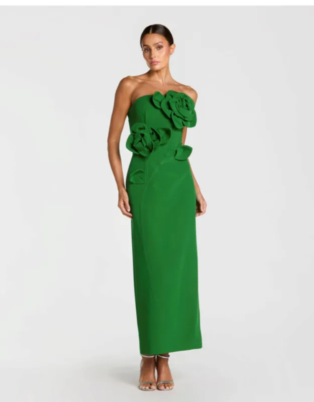 Strapless Crepe Dress With 3d Flower Detail