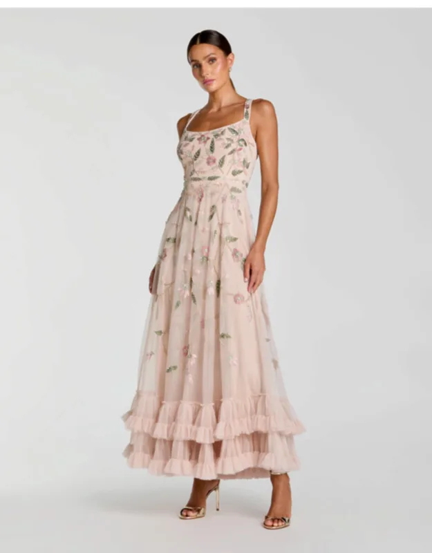 Ruffle Midi Dress With Floral Embroidery