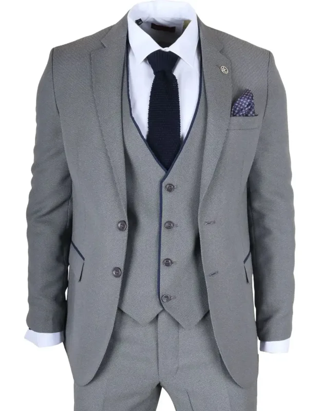 3 Piece Suit Contrast Trim Tailored Fit Formal Attire
