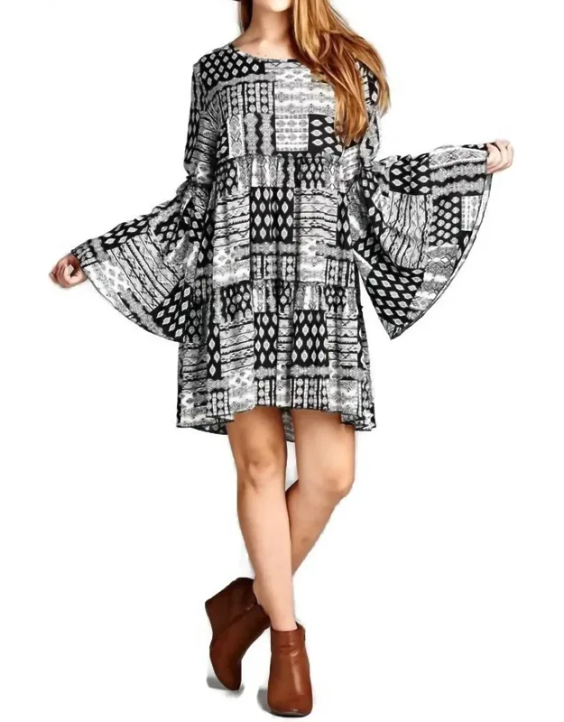 Multi-pattern Bell Sleeve Mini Dress